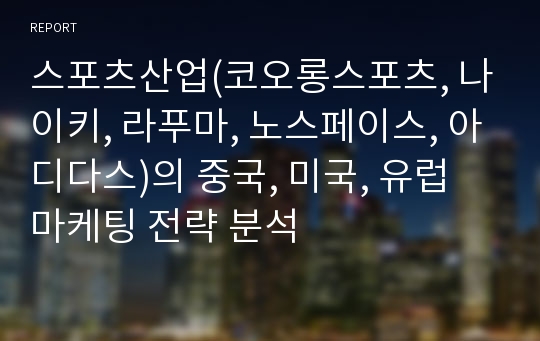 스포츠산업(코오롱스포츠, 나이키, 라푸마, 노스페이스, 아디다스)의 중국, 미국, 유럽 마케팅 전략 분석