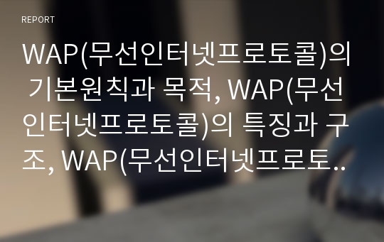 WAP(무선인터넷프로토콜)의 기본원칙과 목적, WAP(무선인터넷프로토콜)의 특징과 구조, WAP(무선인터넷프로토콜)의 규격과 기능, WAP(무선인터넷프로토콜)의 표준화와 아키텍처 분석(WAP, 무선인터넷프로토콜)