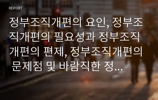 정부조직개편의 요인, 정부조직개편의 필요성과 정부조직개편의 편제, 정부조직개편의 문제점 및 바람직한 정부조직개편의 방안 그리고 향후 정부조직의 발전 방향 분석(정부조직개편, 정부조직, 조직개편)