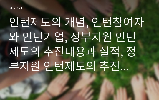 인턴제도의 개념, 인턴참여자와 인턴기업, 정부지원 인턴제도의 추진내용과 실적, 정부지원 인턴제도의 추진체계와 선발 및 채용, 향후 인턴제도의 기대 효과 심층 분석(인턴제도, 인턴참여자, 인턴기업, 인턴)