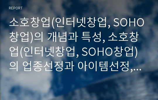 소호창업(인터넷창업, SOHO창업)의 개념과 특성, 소호창업(인터넷창업, SOHO창업)의 업종선정과 아이템선정, 소호창업(인터넷창업, SOHO창업)의 창업과정, 소호창업(인터넷창업, SOHO창업)의 유의사항(소자본창업)