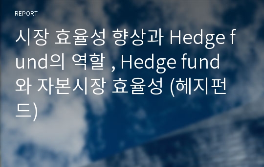 시장 효율성 향상과 Hedge fund의 역할 , Hedge fund와 자본시장 효율성 (헤지펀드)