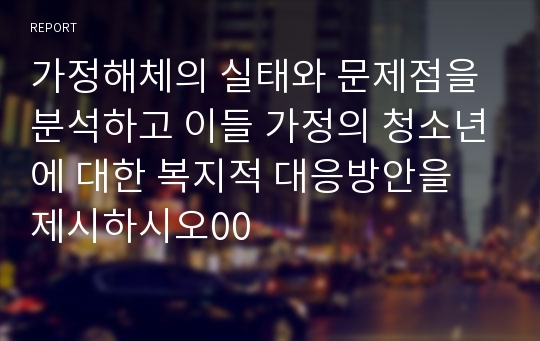 가정해체의 실태와 문제점을 분석하고 이들 가정의 청소년에 대한 복지적 대응방안을 제시하시오00