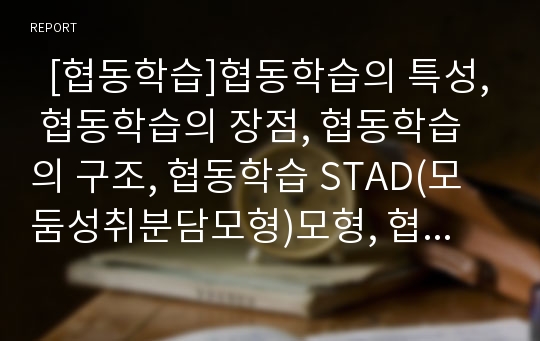   [협동학습]협동학습의 특성, 협동학습의 장점, 협동학습의 구조, 협동학습 STAD(모둠성취분담모형)모형, 협동학습 JIGSAW(직소우)모형, 협동학습 TGT(팀게임토너먼트)모형, 협동학습과 자아효능감 분석