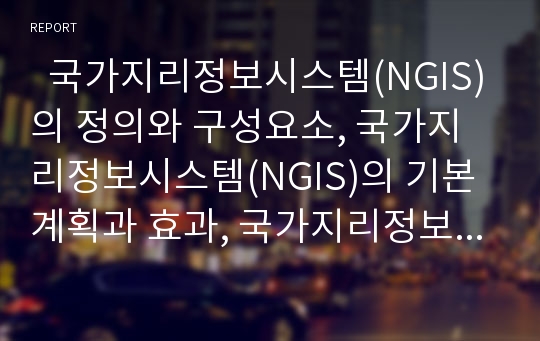   국가지리정보시스템(NGIS)의 정의와 구성요소, 국가지리정보시스템(NGIS)의 기본계획과 효과, 국가지리정보시스템(NGIS)의 평가, 국가지리정보시스템(NGIS)의 현황, 국가지리정보시스템(NGIS)의 전략과 제언 분석