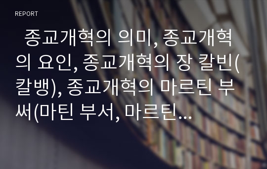   종교개혁의 의미, 종교개혁의 요인, 종교개혁의 장 칼빈(칼뱅), 종교개혁의 마르틴 부써(마틴 부서, 마르틴 부처), 종교개혁의 마틴 루터, 종교개혁과 르네상스, 종교개혁과 이슬람, 종교개혁 관련 제언 분석