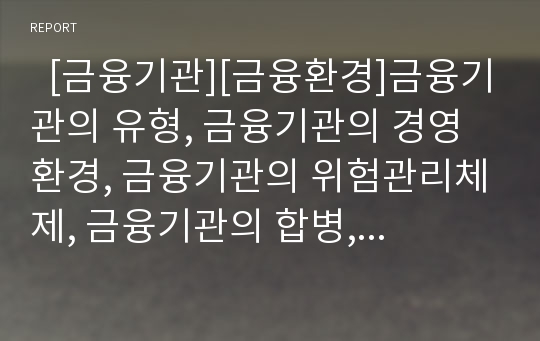   [금융기관][금융환경]금융기관의 유형, 금융기관의 경영환경, 금융기관의 위험관리체제, 금융기관의 합병, 금융기관의 인터넷마케팅, 금융기관과 통화금융기관, 금융기관과 비은행금융기관, 금융기관 관련 제언 분석