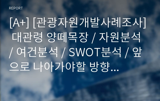 [A+] [관광자원개발사례조사] 대관령 양떼목장 / 자원분석 / 여건분석 / SWOT분석 / 앞으로 나아가야할 방향 / 개선전략 / 발전방향 / 활성화방안