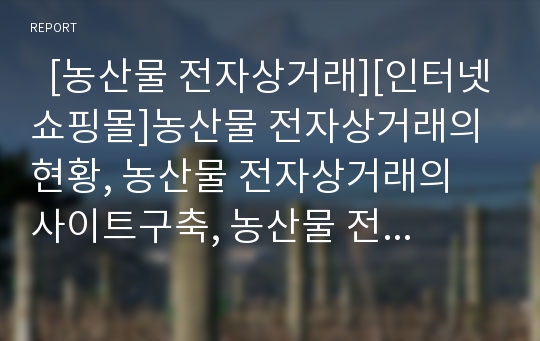   [농산물 전자상거래][인터넷쇼핑몰]농산물 전자상거래의 현황, 농산물 전자상거래의 사이트구축, 농산물 전자상거래의 인터넷쇼핑몰, 농산물 전자상거래의 가격설정, 농산물 전자상거래의 발전 방안 분석