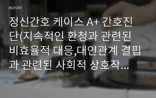 정신간호 케이스 A+ 간호진단(지속적인 환청과 관련된 비효율적 대응,대인관계 결핍과 관련된 사회적 상호작용 결여,의욕저하와 관련된 활동 부족)