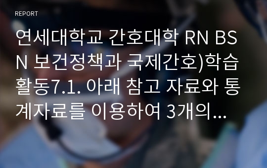 연세대학교 간호대학 RN BSN 보건정책과 국제간호)학습활동7.1. 아래 참고 자료와 통계자료를 이용하여 3개의 생식보건지표를 선택하여 각 지표에 대하여