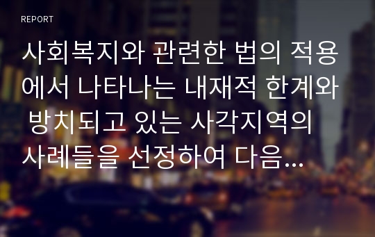 사회복지와 관련한 법의 적용에서 나타나는 내재적 한계와 방치되고 있는 사각지역의 사례들을 선정하여 다음에 관한 학습자의 관점을 정리하시오.