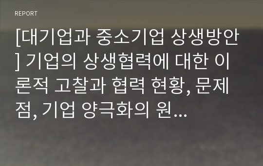 [대기업과 중소기업 상생방안] 기업의 상생협력에 대한 이론적 고찰과 협력 현황, 문제점, 기업 양극화의 원인 분석, 국내외 모범사례 분석 및 해결책과 전략