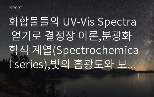화합물들의 UV-Vis Spectra 얻기로 결정장 이론,분광화학적 계열(Spectrochemical series),빛의 흡광도와 보색,UV/Vis 분광광도계 사용법 을 알수있다