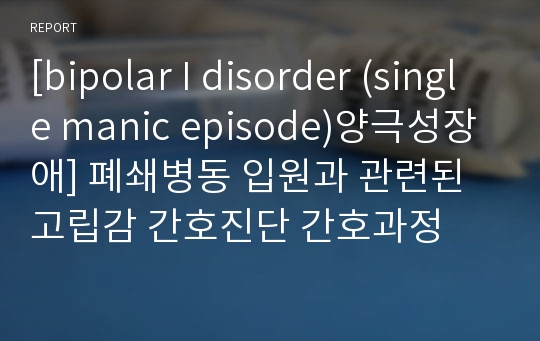 [bipolar I disorder (single manic episode)양극성장애] 폐쇄병동 입원과 관련된 고립감 간호진단 간호과정