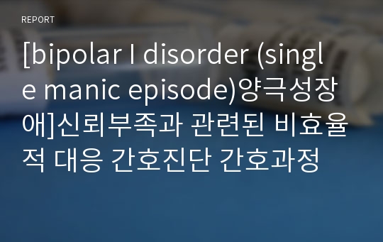 [bipolar I disorder (single manic episode)양극성장애]신뢰부족과 관련된 비효율적 대응 간호진단 간호과정