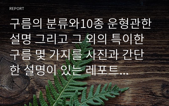 구름의 분류와10종 운형관한 설명 그리고 그 외의 특이한 구름 몇 가지를 사진과 간단한 설명이 있는 레포트입니다.