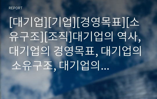 [대기업][기업][경영목표][소유구조][조직]대기업의 역사, 대기업의 경영목표, 대기업의 소유구조, 대기업의 조직개혁, 대기업의 성장연합, 대기업의 연봉제도, 대기업 인센티브제도