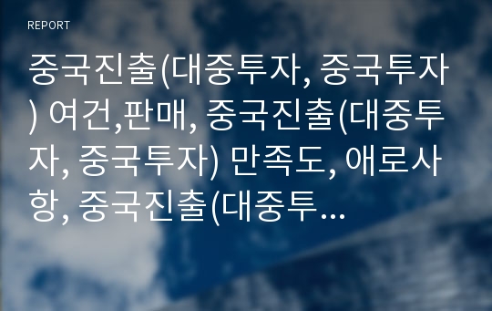 중국진출(대중투자, 중국투자) 여건,판매, 중국진출(대중투자, 중국투자) 만족도, 애로사항, 중국진출(대중투자, 중국투자) 상표, 중국진출(대중투자, 중국투자) 중국문화이해,전략