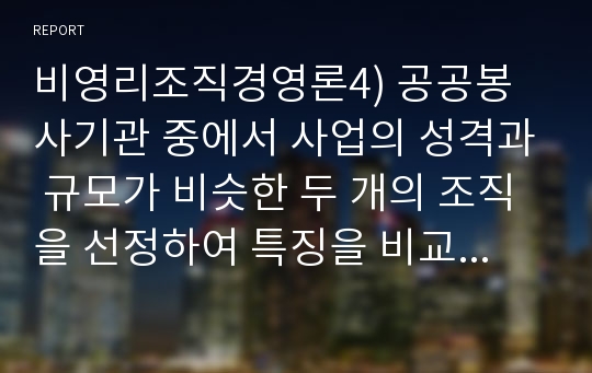 비영리조직경영론4) 공공봉사기관 중에서 사업의 성격과 규모가 비슷한 두 개의 조직을 선정하여 특징을 비교, 평가하시오.