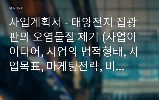 사업계획서 - 태양전지 집광판의 오염물질 제거 (사업아이디어, 사업의 법적형태, 사업목표, 마케팅전략, 비용추정과 손익분기점 분석, 자금조달방법, 재무재표)