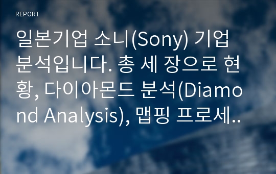 일본기업 소니(Sony) 기업 분석입니다. 총 세 장으로 현황, 다이아몬드 분석(Diamond Analysis), 맵핑 프로세스(Mapping Process)로 이루어져 있습니다.