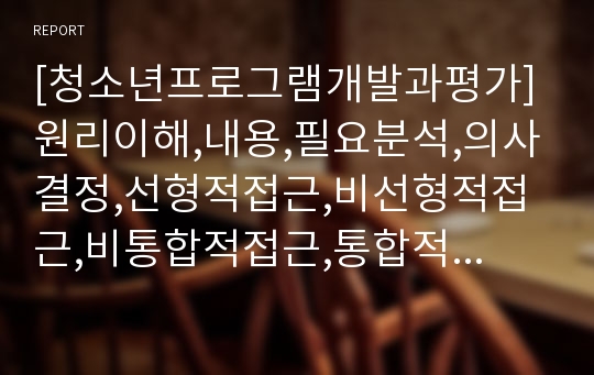 [청소년프로그램개발과평가] 원리이해,내용,필요분석,의사결정,선형적접근,비선형적접근,비통합적접근,통합적접근,환경적제약,기관의제약,속성,기획과정상제약,통합모형,프로그램기획,설계,마케팅