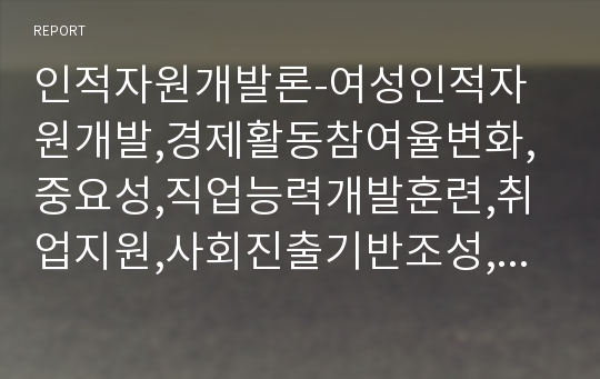 인적자원개발론-여성인적자원개발,경제활동참여율변화,중요성,직업능력개발훈련,취업지원,사회진출기반조성,취약계층인적자원개발,근로빈곤층,장애인인적자원개발,직업훈련,체계,취약청소년,학업중단청