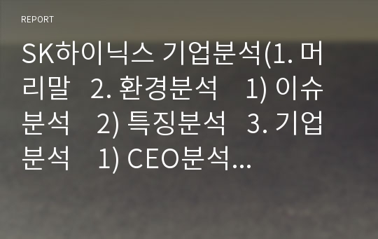 SK하이닉스 기업분석(1. 머리말   2. 환경분석    1) 이슈분석    2) 특징분석   3. 기업분석    1) CEO분석    2) 주주분석    3) 재무분석  )