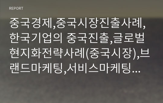 중국경제,중국시장진출사례,한국기업의 중국진출,글로벌현지화전략사례(중국시장),브랜드마케팅,서비스마케팅,글로벌경영,사례분석,swot,stp,4p