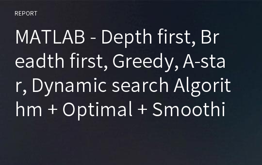 MATLAB - Depth first, Breadth first, Greedy, A-star, Dynamic search Algorithm + Optimal + Smoothing