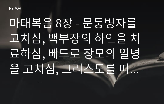 마태복음 8장 - 문둥병자를 고치심, 백부장의 하인을 치료하심, 베드로 장모의 열병을 고치심, 그리스도를 따르려는 두 사람에 대한 답변, 그리스도께서 풍랑을 잠잠케 하심