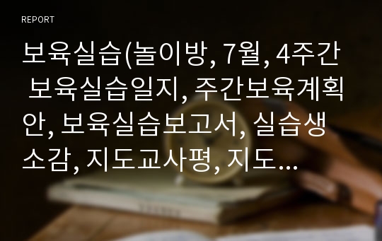 보육실습(놀이방, 7월, 4주간 보육실습일지, 주간보육계획안, 보육실습보고서, 실습생소감, 지도교사평, 지도교사조언)