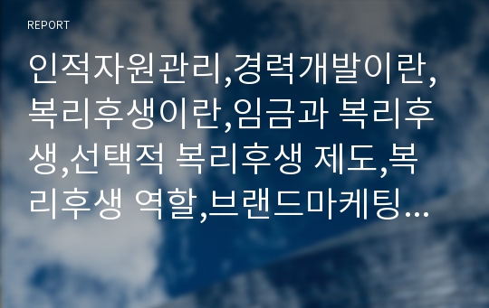 인적자원관리,경력개발이란,복리후생이란,임금과 복리후생,선택적 복리후생 제도,복리후생 역할,브랜드마케팅,서비스마케팅,글로벌경영,사례분석,swot,stp,4p