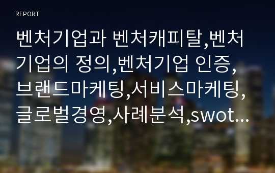 벤처기업과 벤처캐피탈,벤처기업의 정의,벤처기업 인증,브랜드마케팅,서비스마케팅,글로벌경영,사례분석,swot,stp,4p