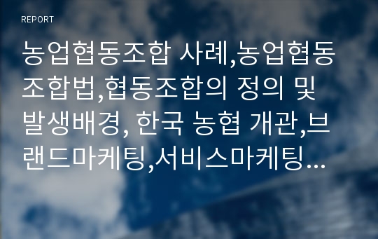 농업협동조합 사례,농업협동조합법,협동조합의 정의 및 발생배경, 한국 농협 개관,브랜드마케팅,서비스마케팅,글로벌경영,사례분석,swot,stp,4p