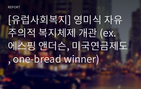 [유럽사회복지] 영미식 자유주의적 복지체제 개관 (ex. 에스핑 앤더슨, 미국연금제도, one-bread winner)