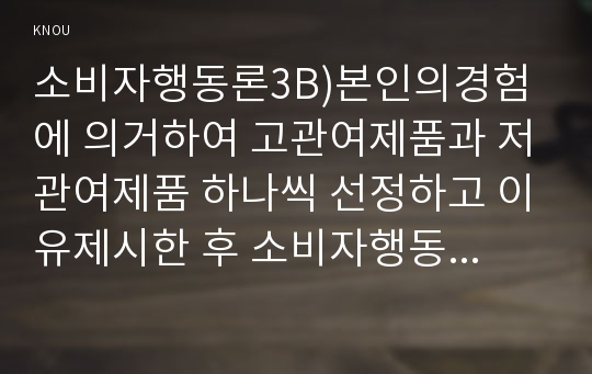 소비자행동론3B) 본인이 최근에 구매 또는 소비한 제품또는 서비스중 저관여제품(또는 서비스) 고관여 제품에서 한 가지를 각각 선정하여 전략적시사점을 도출하시오0k