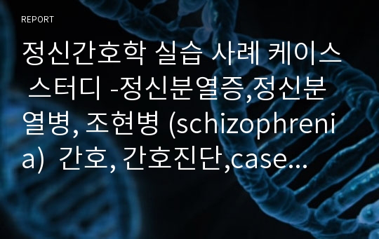 정신간호학 실습 케이스 스터디 -정신분열증,정신분열병, 조현병 (schizophrenia) 간호, case,간호진단,간호사정,간호중재,간호과정,문헌고찰