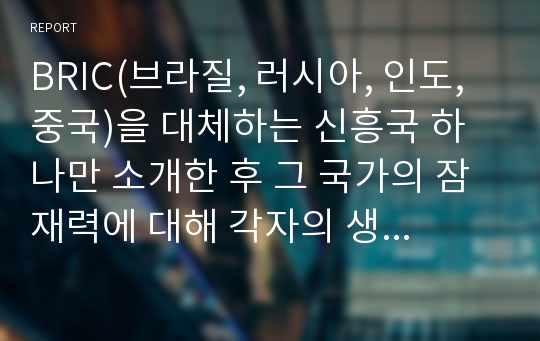 BRIC(브라질, 러시아, 인도, 중국)을 대체하는 신흥국 하나만 소개한 후 그 국가의 잠재력에 대해 각자의 생각을 말해 보세요.