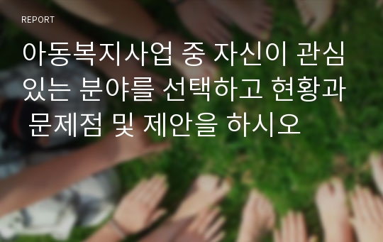 아동복지사업 중 자신이 관심있는 분야를 선택하고 현황과 문제점 및 제안을 하시오