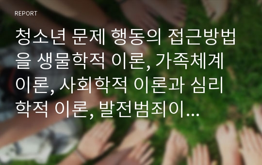 청소년 문제 행동의 접근방법을 생물학적 이론, 가족체계 이론, 사회학적 이론과 심리학적 이론, 발전범죄이론을 정리하고 자신의 의견을 쓰시오