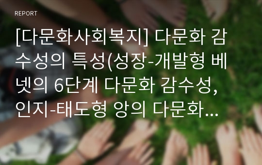 [다문화사회복지] 다문화 감수성의 특성(성장-개발형 베넷의 6단계 다문화 감수성, 인지-태도형 앙의 다문화 감수성, 문화상대주의형 피터슨의 다문화 감수성)과 다문화 감수성의 증진