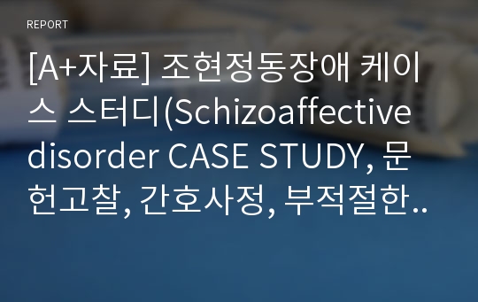 [A+자료] 조현정동장애 케이스 스터디(Schizoaffective disorder CASE STUDY, 문헌고찰, 간호사정, 부적절한 수면양상과 관련된 불면증, 분열정동장애 케이스)