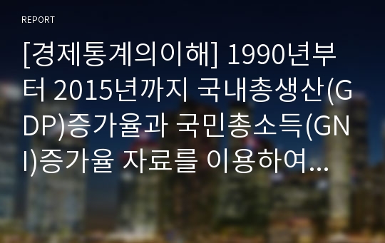 [경제통계의이해] 1990년부터 2015년까지 국내총생산(GDP)증가율과 국민총소득(GNI)증가율 자료를 이용하여 다음의 물음에 답하시오. (국내총생산과 국민총소득 원자료는 분기별, 계절조정, 실질 변수를 사용하며 변수는 원자료를 전년동기대비 증감율로 변환)