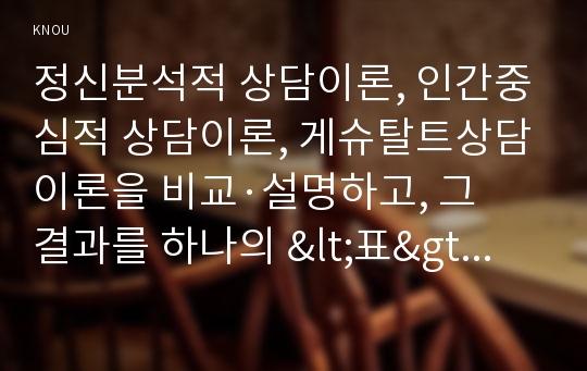 정신분석적 상담이론, 인간중심적 상담이론, 게슈탈트상담이론을 비교·설명하고, 그 결과를 하나의 &lt;표&gt;로 요약하여 제시하시오