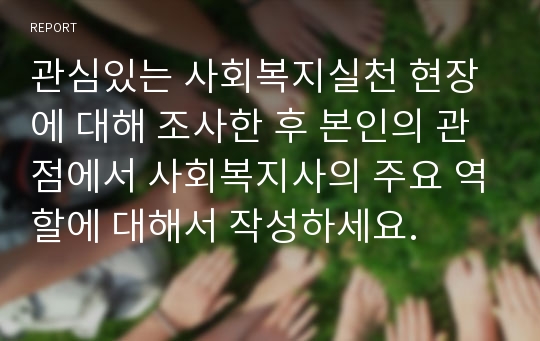 관심있는 사회복지실천 현장에 대해 조사한 후 본인의 관점에서 사회복지사의 주요 역할에 대해서 작성하세요.