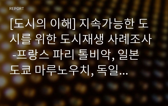 [도시의 이해] 지속가능한 도시를 위한 도시재생 사례조사 -프랑스 파리 톨비악, 일본 도쿄 마루노우치, 독일 코트부스-