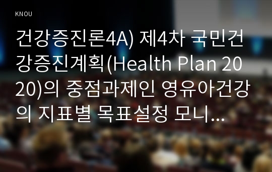 건강증진론4A) 제4차 국민건강증진계획(Health Plan 2020)의 중점과제인 영유아건강의 지표별 목표설정 모니터링설명하고 세부사업을 선정하여 사업내용및방법의견을 기술하시오