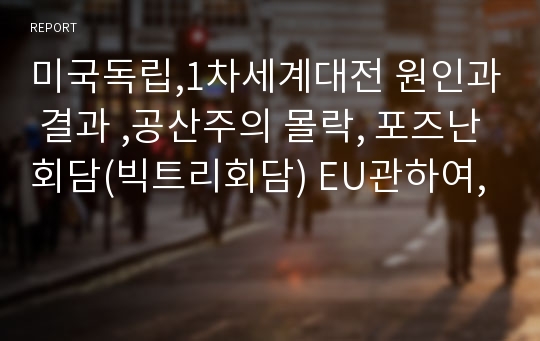 미국독립,1차세계대전 원인과 결과 ,공산주의 몰락, 포즈난회담(빅트리회담) EU관하여,